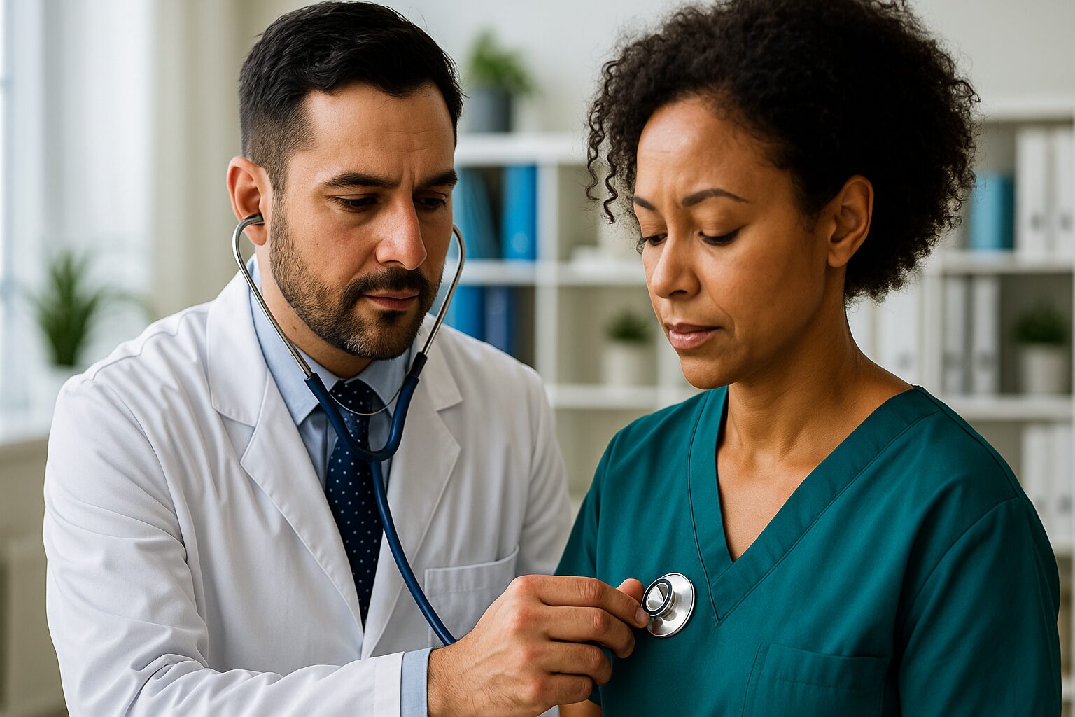 Male doctor examining a female patient with a stethoscope